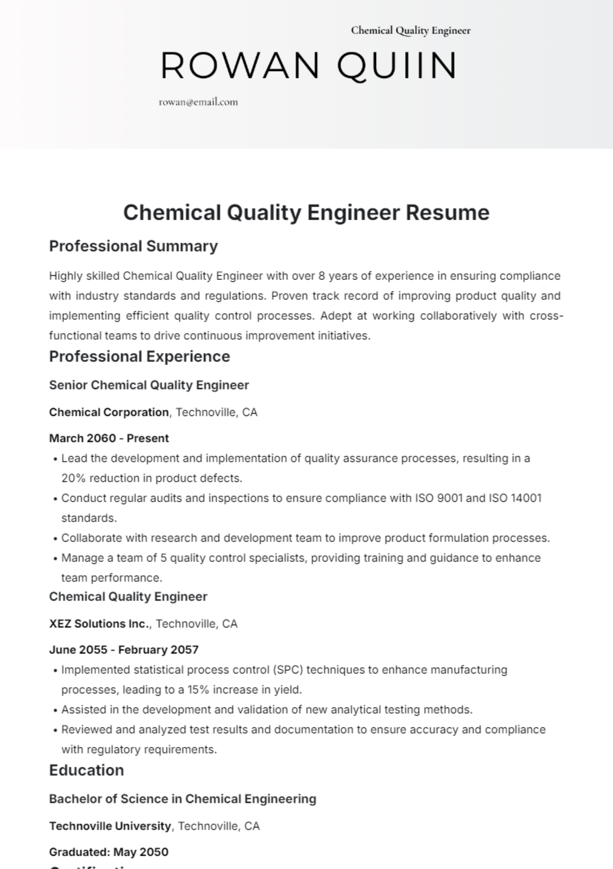 Chemical Quality Engineer Resume Template - Edit Online & Download