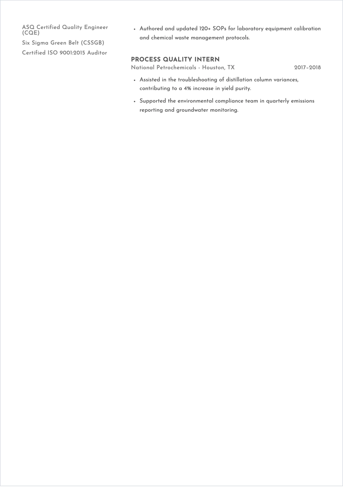 Free Chemical Quality Engineer ATS Resume Template, AI Resume Builder