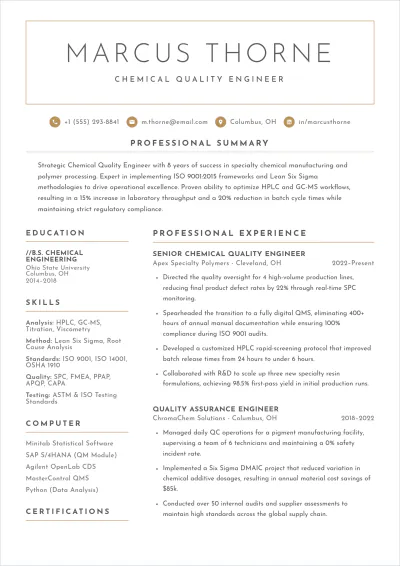 Free Chemical Quality Engineer ATS Resume Template, AI Resume Builder