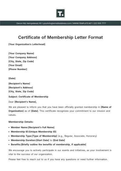 Free Certificate of Membership Letter Format Template to Edit Online