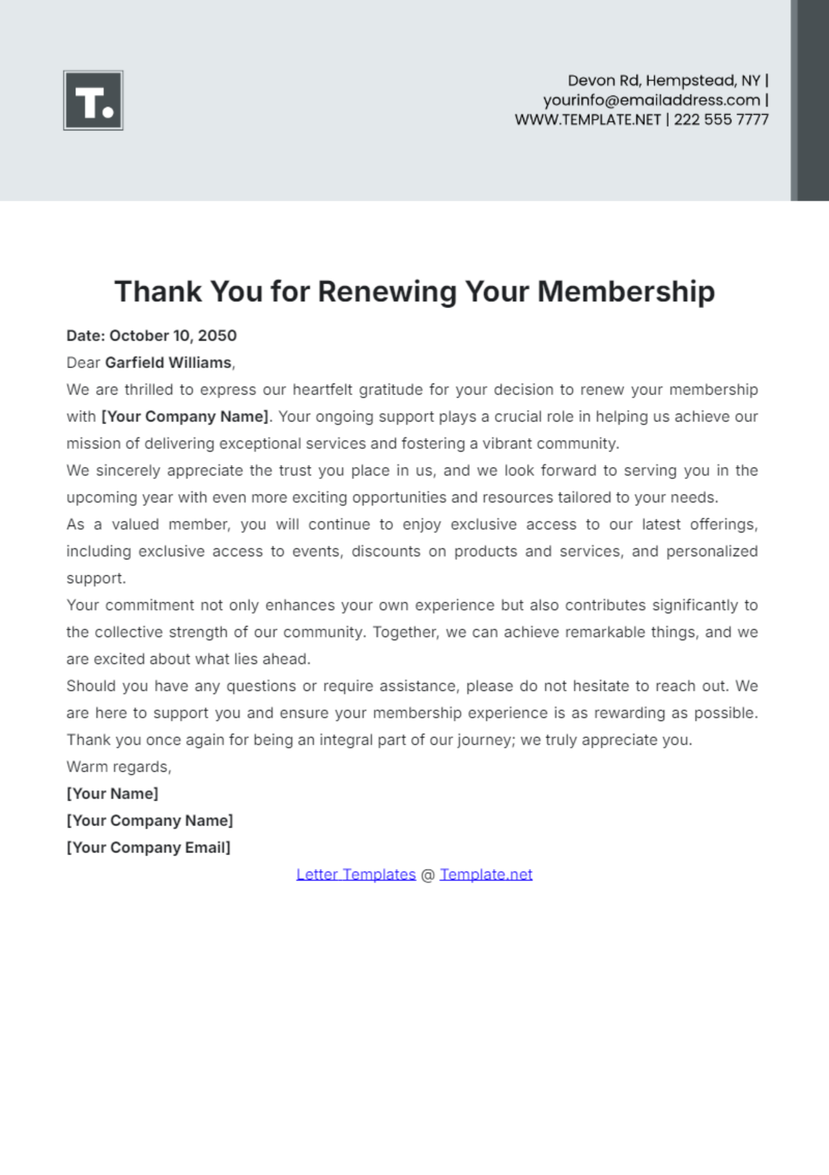 Thank You for Renewing Your Membership Letter Template - Edit Online & Download