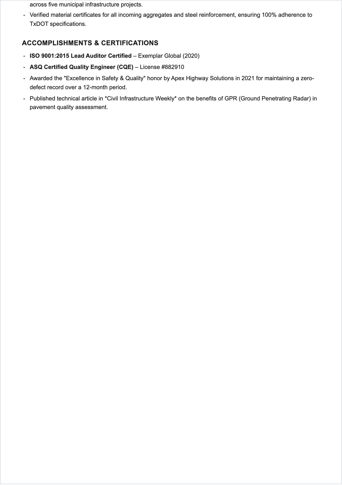 Free Printable Civil Quality Engineer ATS Resume Template