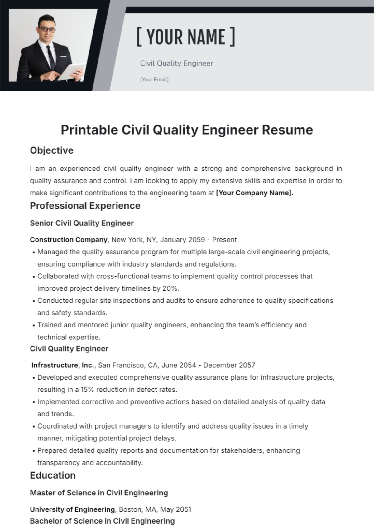 Printable Civil Quality Engineer Resume Template - Edit Online & Download