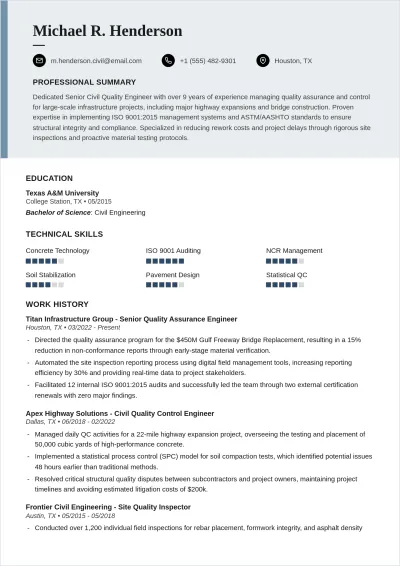 Free Printable Civil Quality Engineer ATS Resume Template