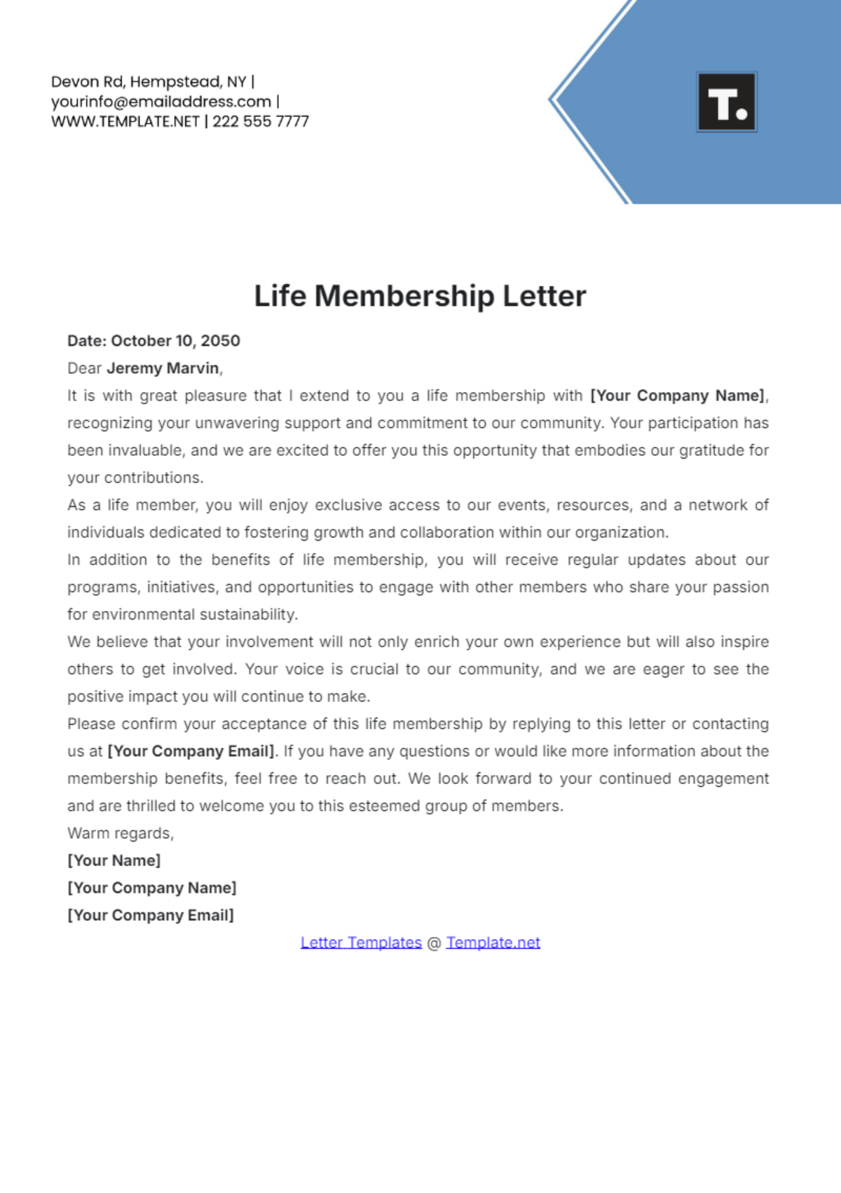 Life Membership Letter Template - Edit Online & Download