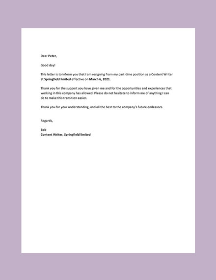 Part-Time Job Resignation Letter Template - Google Docs, Word ...