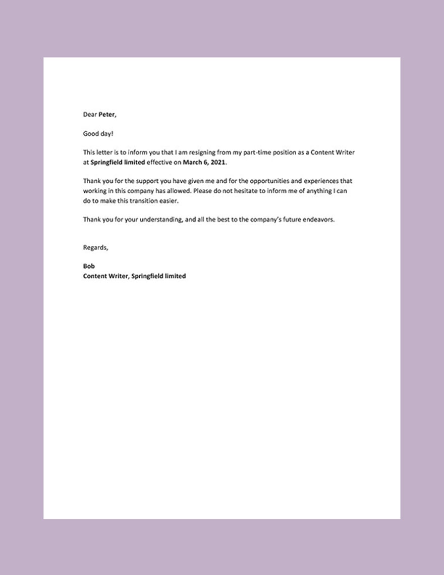 Sample Resignation Letter From Fulltime To Part Time