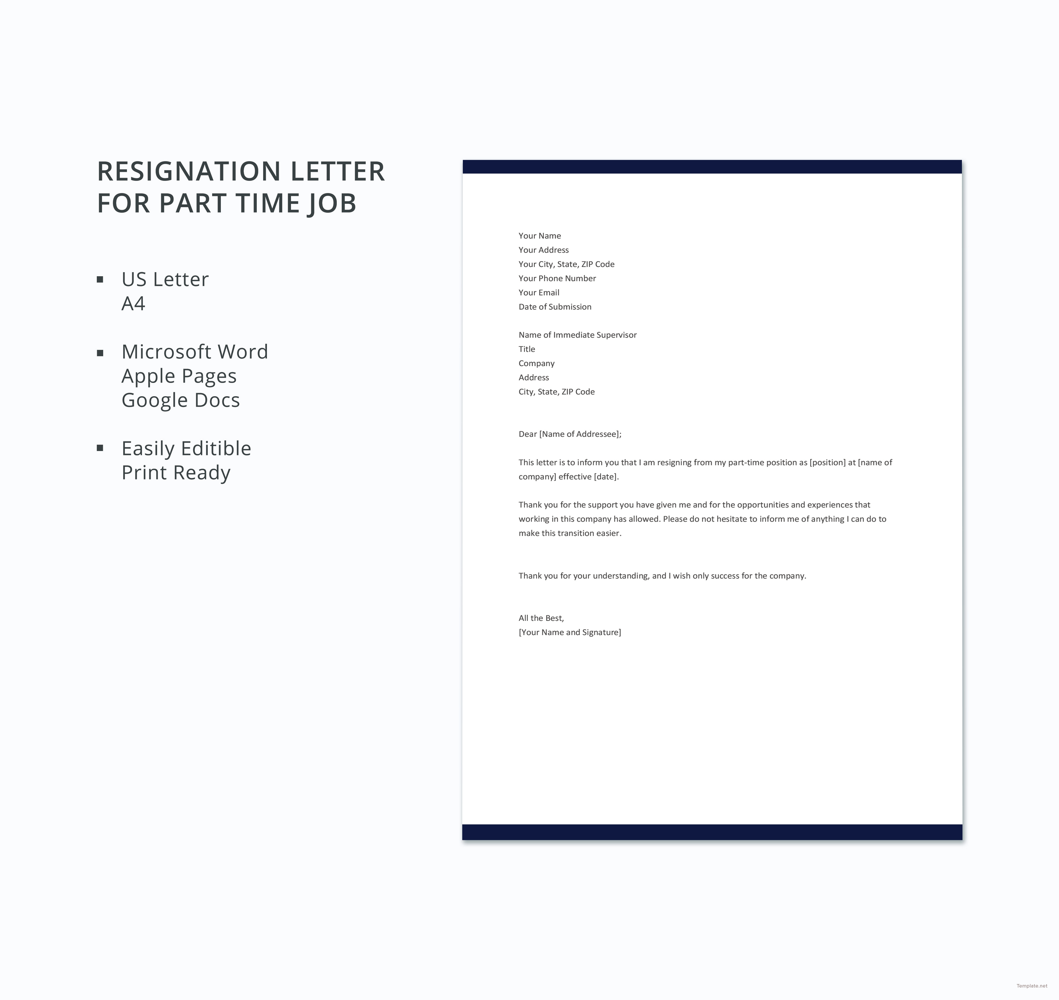 Free Part-Time Job Resignation Letter Template in Microsoft Word, Apple