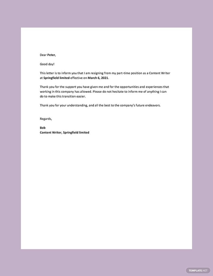 Part-Time Job Resignation Letter in Word, Google Docs, PDF