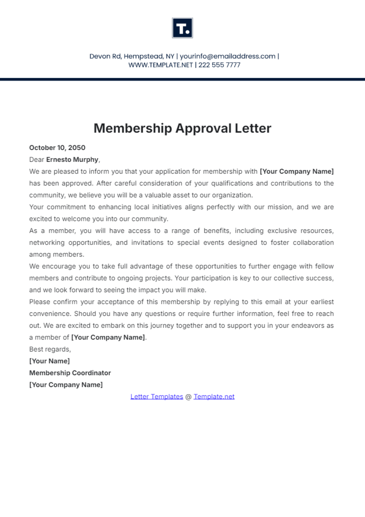 Membership Approval Letter Template - Edit Online & Download