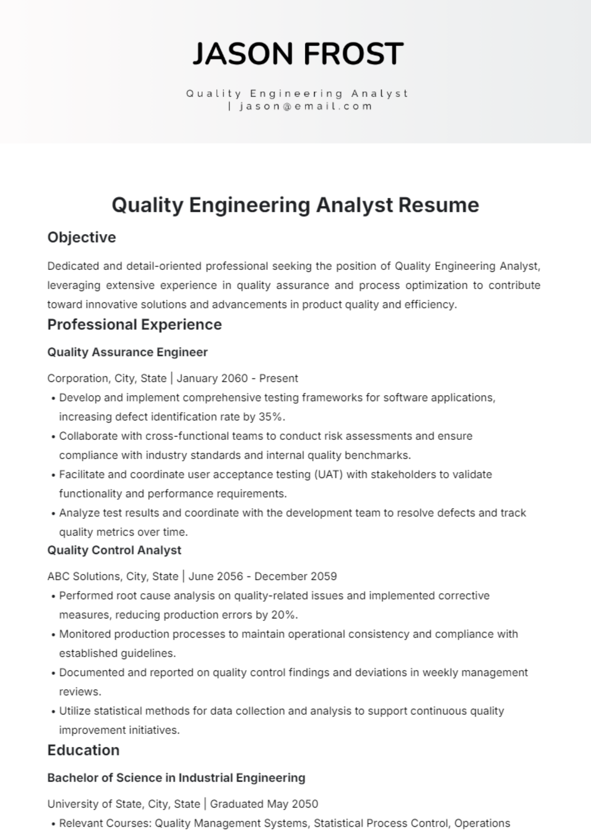 Quality Engineering Analyst Resume Template - Edit Online & Download