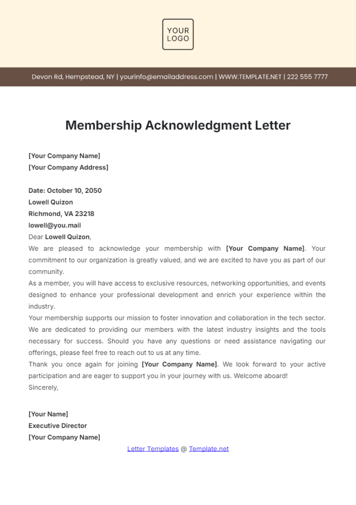 Membership Acknowledgment Letter Template - Edit Online & Download