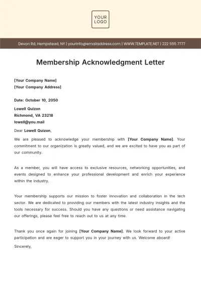 Free Membership Acknowledgment Letter Template to Edit Online