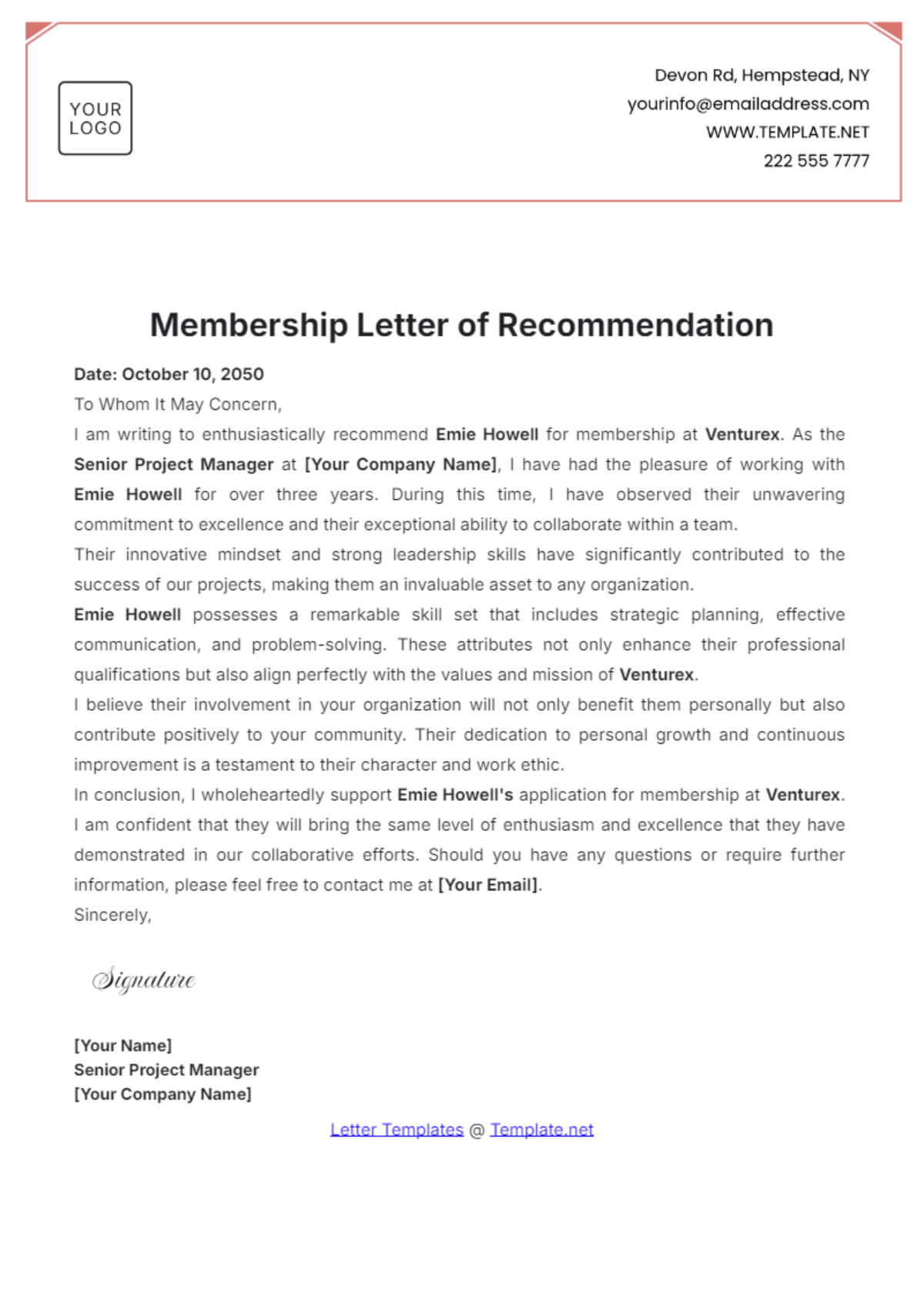 Membership Letter of Recommendation Template - Edit Online & Download