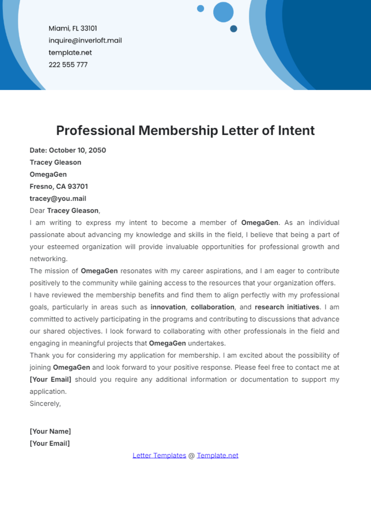 Professional Membership Letter of Intent Template - Edit Online & Download