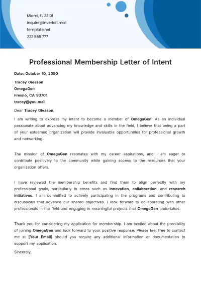 Free Professional Membership Letter of Intent Template to Edit Online