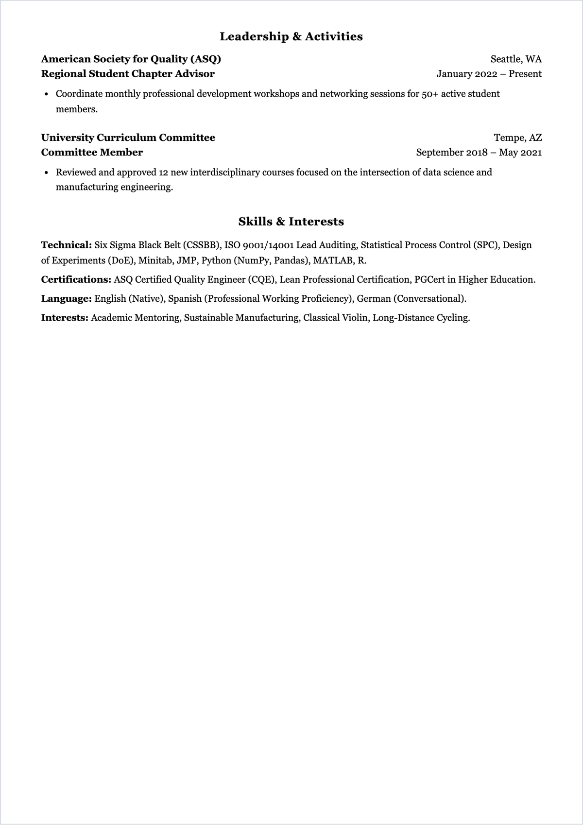 Free University Lecturer Quality Engineer ATS Resume Template