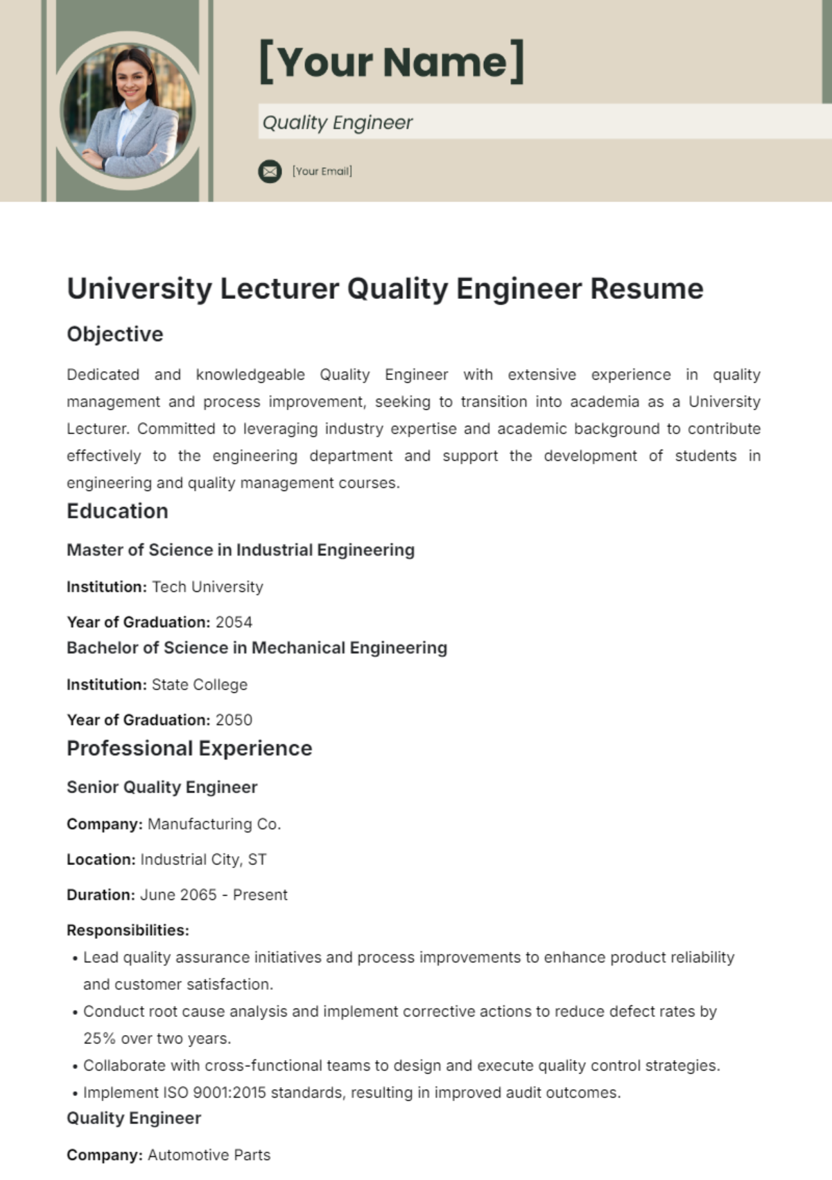 University Lecturer Quality Engineer Resume Template - Edit Online & Download