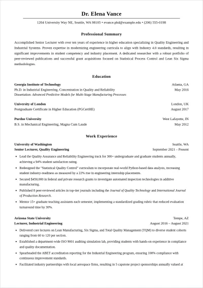 Free University Lecturer Quality Engineer ATS Resume Template