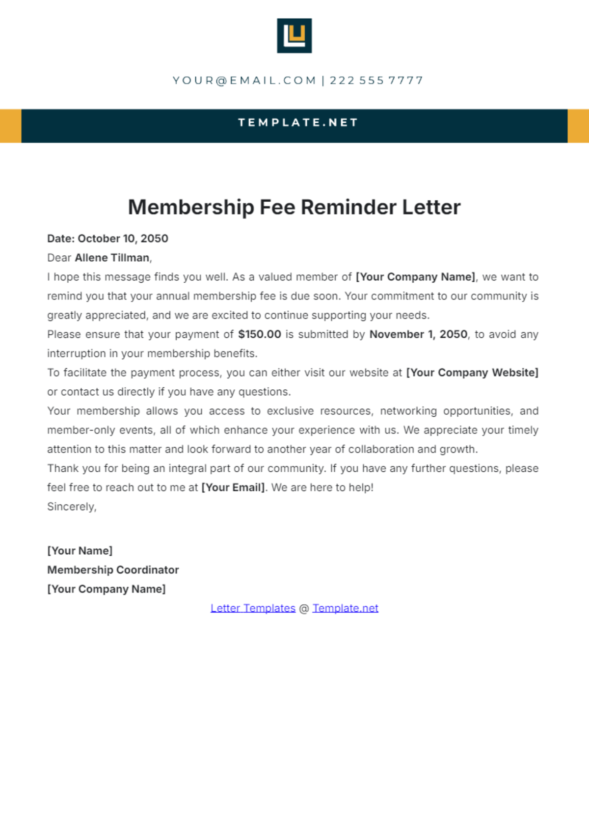 Membership Fee Reminder Letter Template - Edit Online & Download