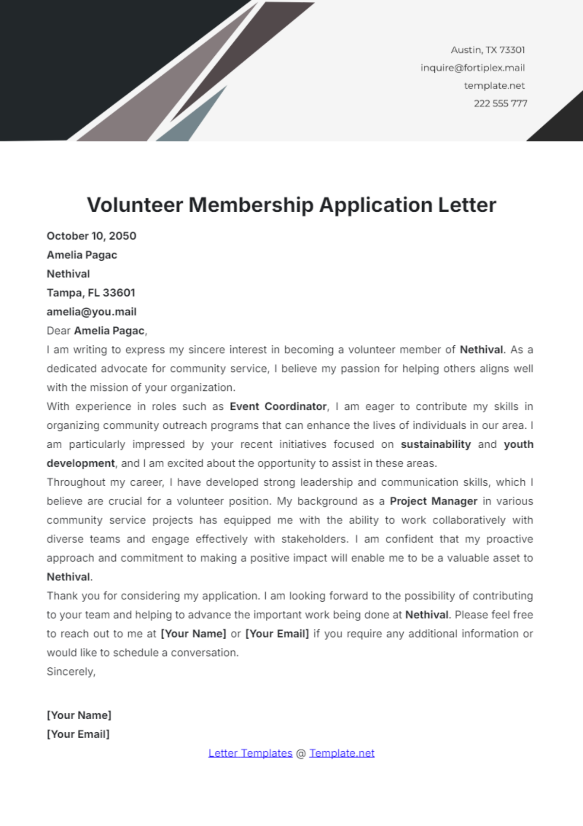 Volunteer Membership Application Letter Template - Edit Online & Download