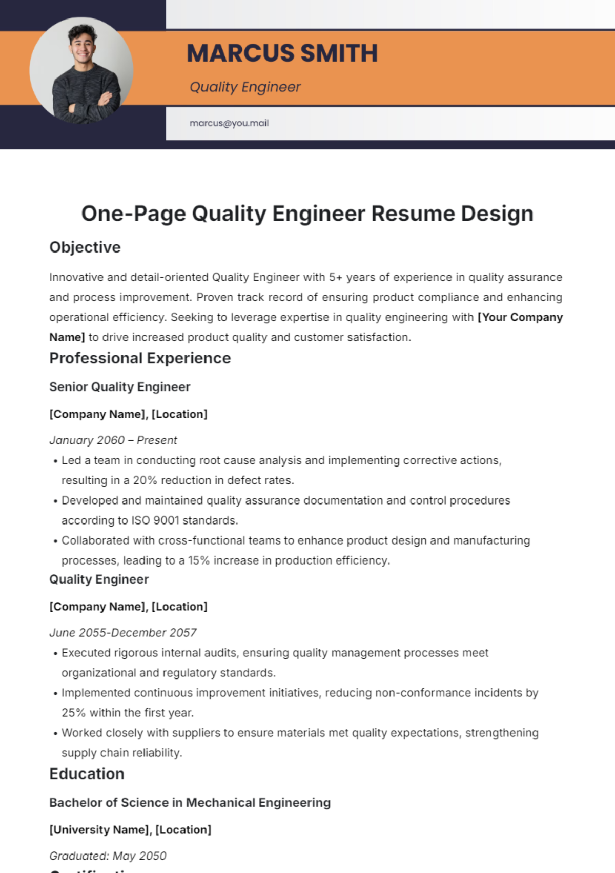 One-Page Quality Engineer Resume Design Template - Edit Online & Download