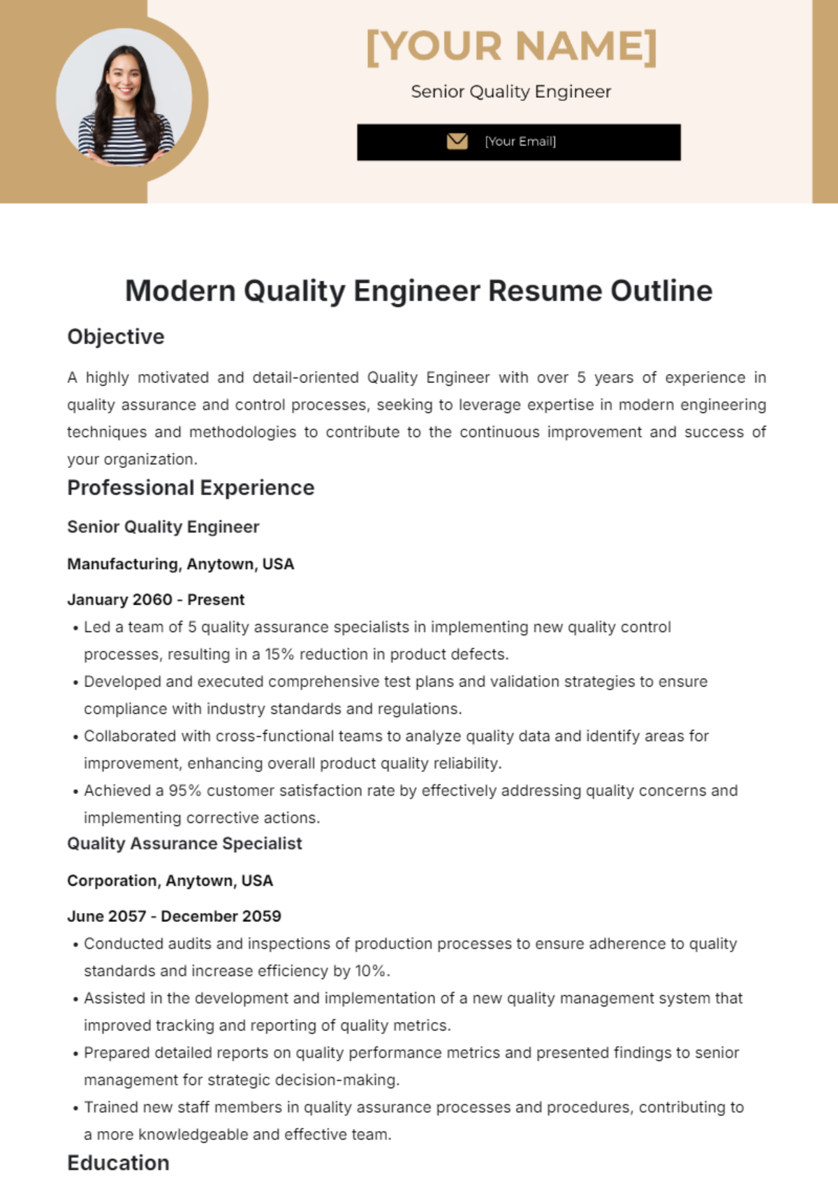 Modern Quality Engineer Resume Outline Template - Edit Online & Download