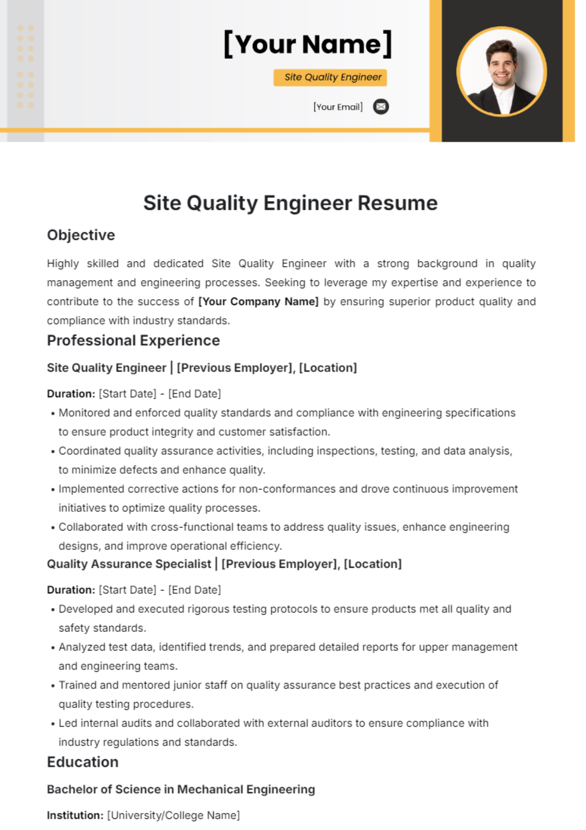 Site Quality Engineer Resume Template - Edit Online & Download