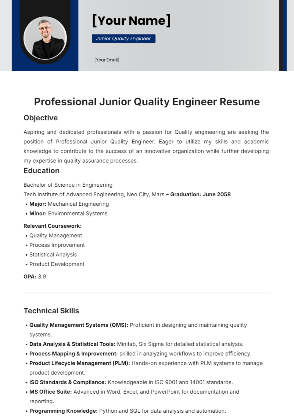 Professional Junior Quality Engineer Resume Template - Edit Online & Download