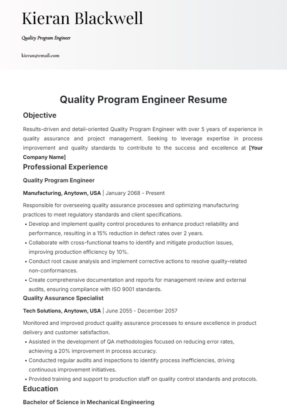 Quality Program Engineer Resume Template - Edit Online & Download