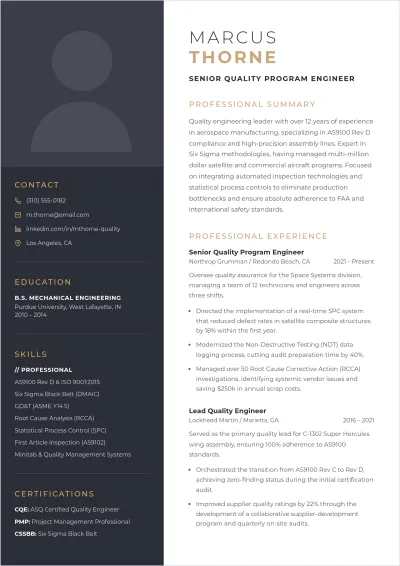 Free Quality Program Engineer Resume Template to Edit Online