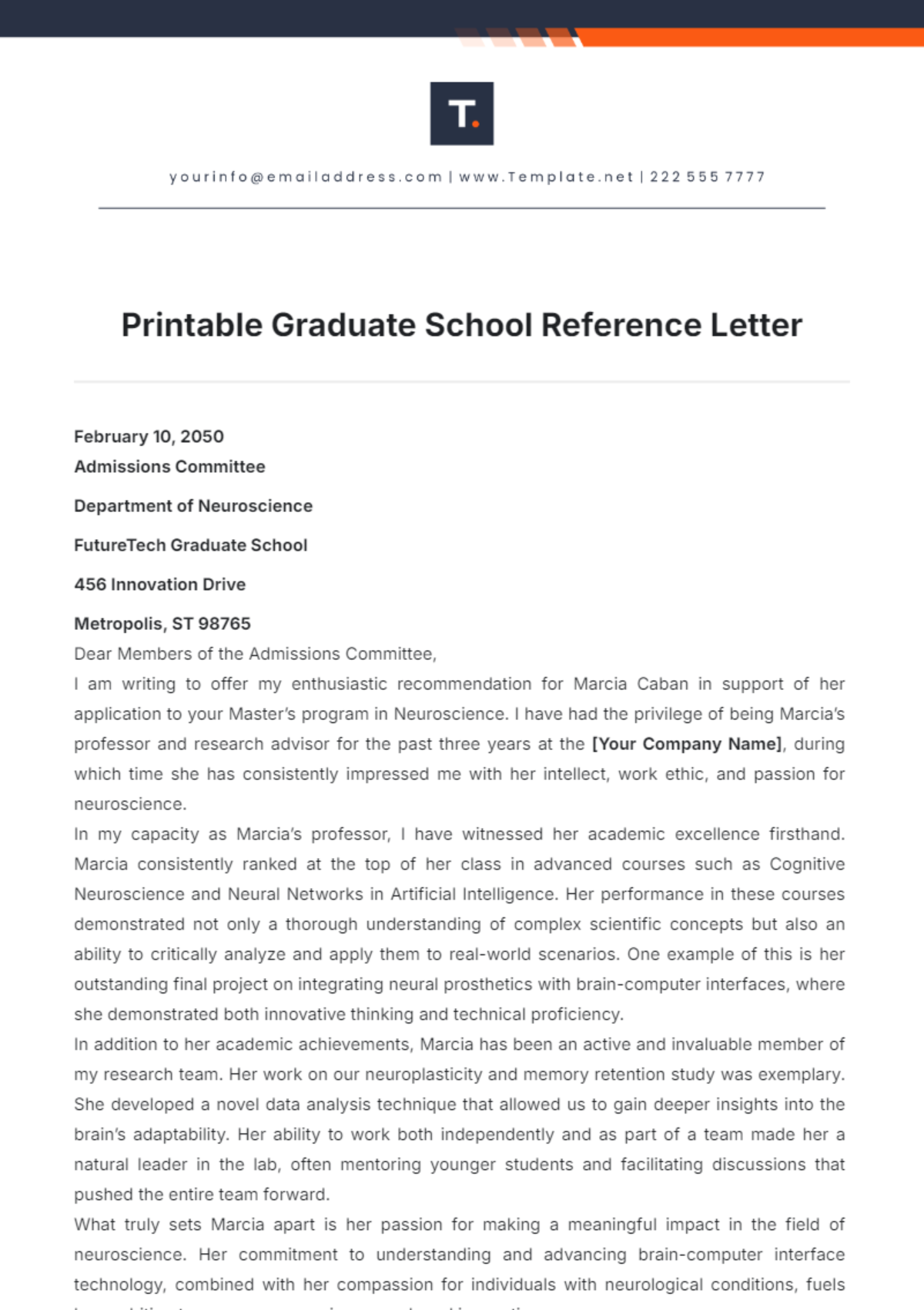 Printable Graduate School Reference Letter Template - Edit Online & Download