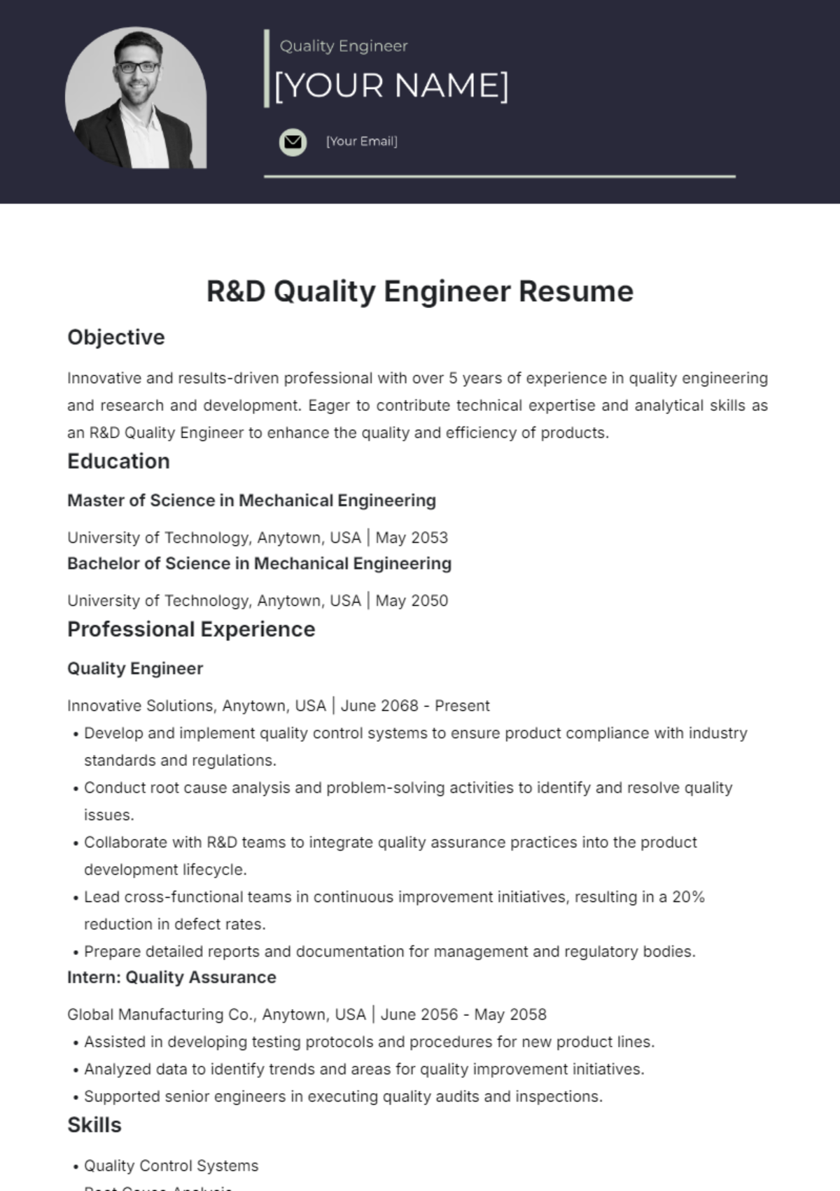 R&D Quality Engineer Resume Template - Edit Online & Download