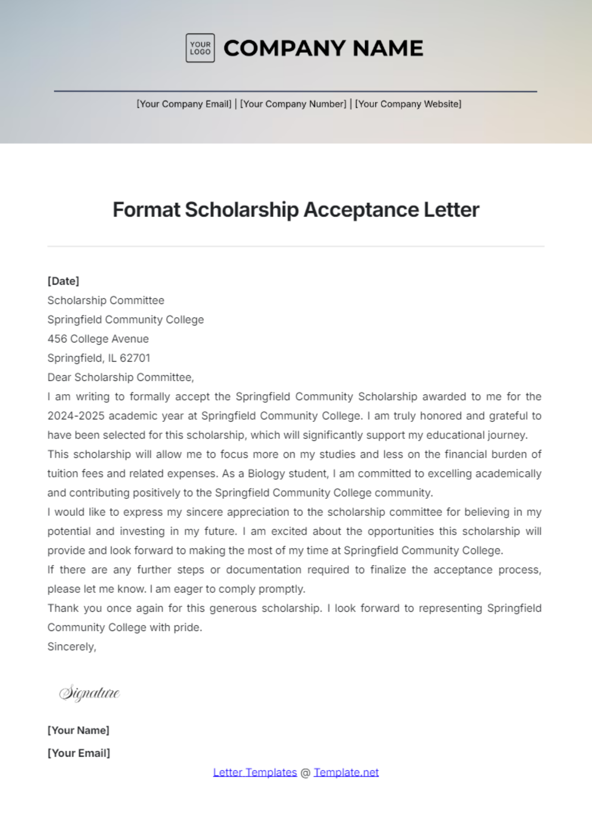 Format Scholarship Acceptance Letter Template - Edit Online & Download