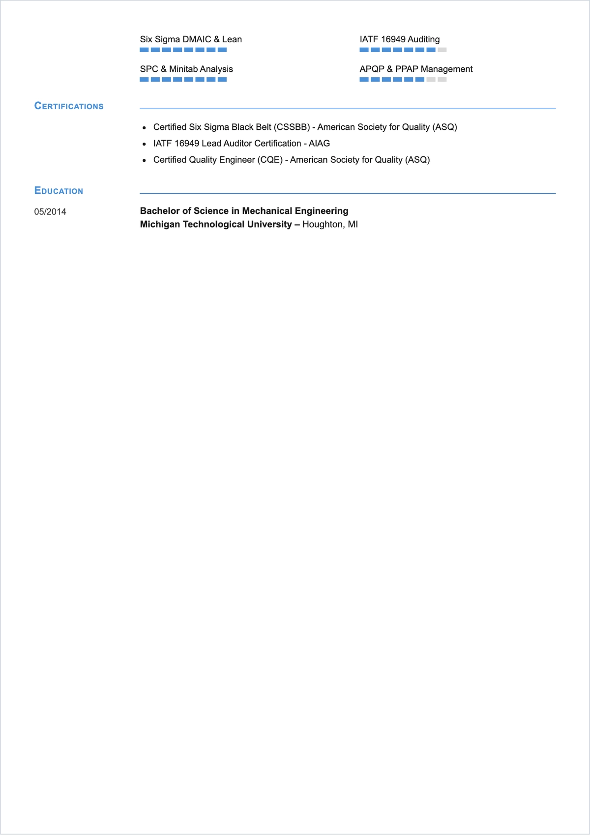 Free Six Sigma Quality Engineer ATS Resume Template, AI Resume Builder