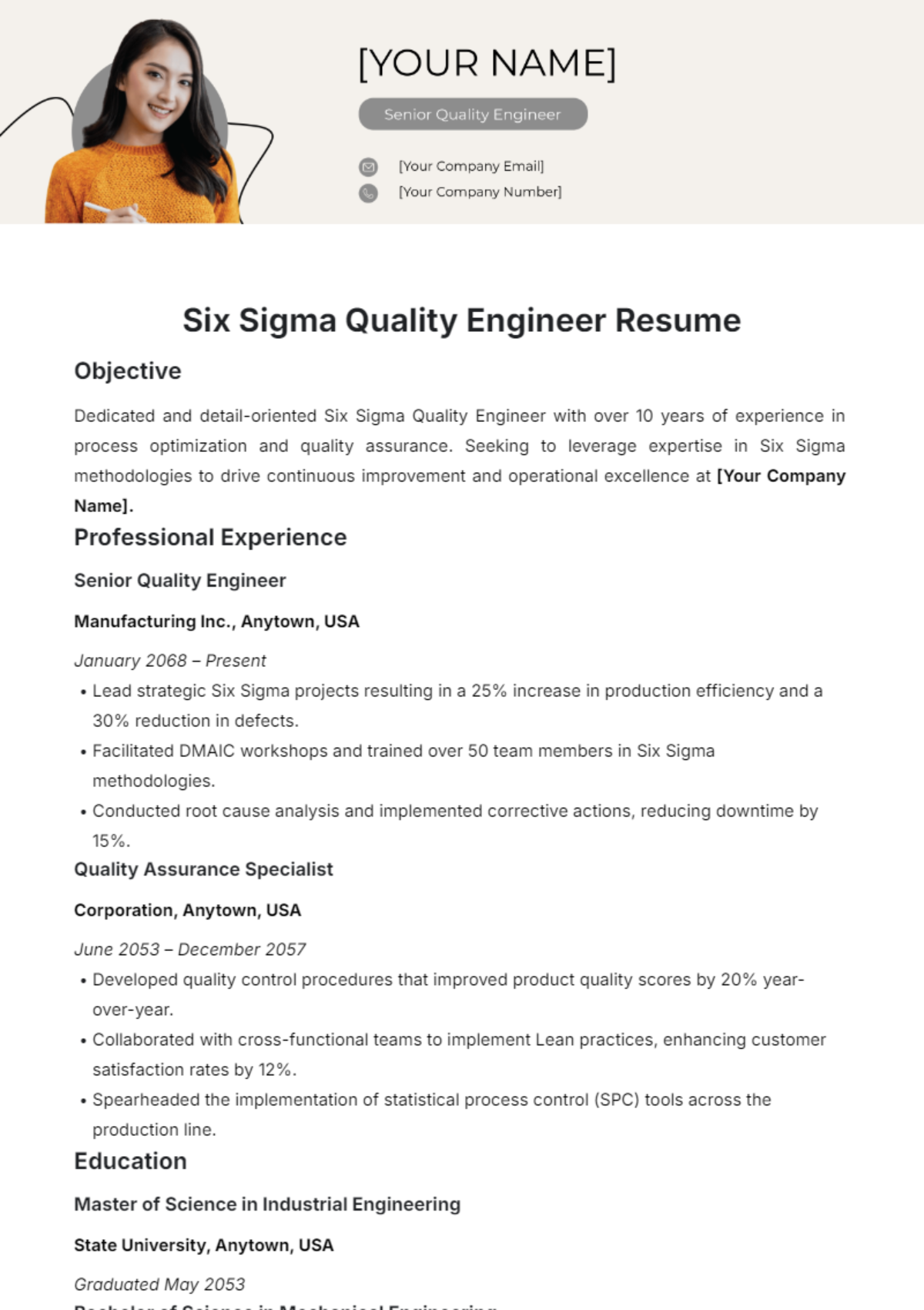 Six Sigma Quality Engineer Resume Template - Edit Online & Download