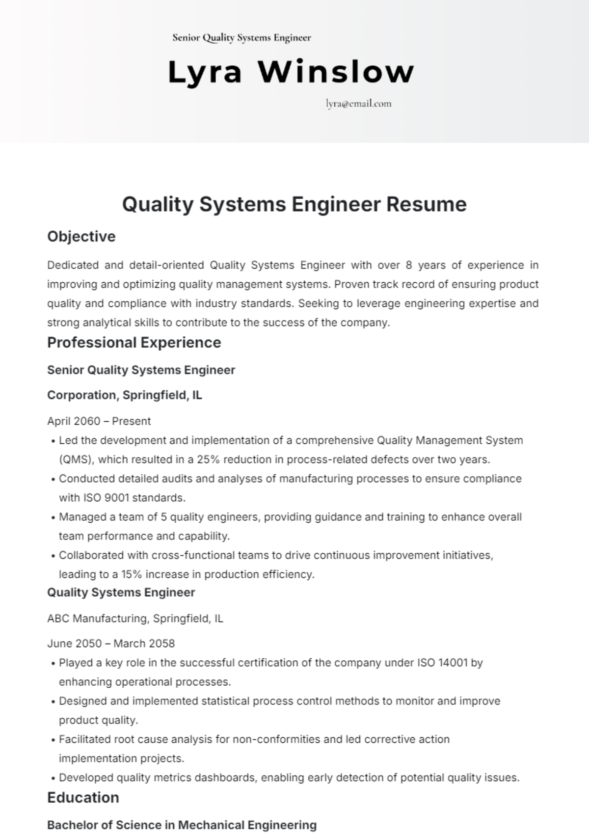 Quality Systems Engineer Resume Template - Edit Online & Download