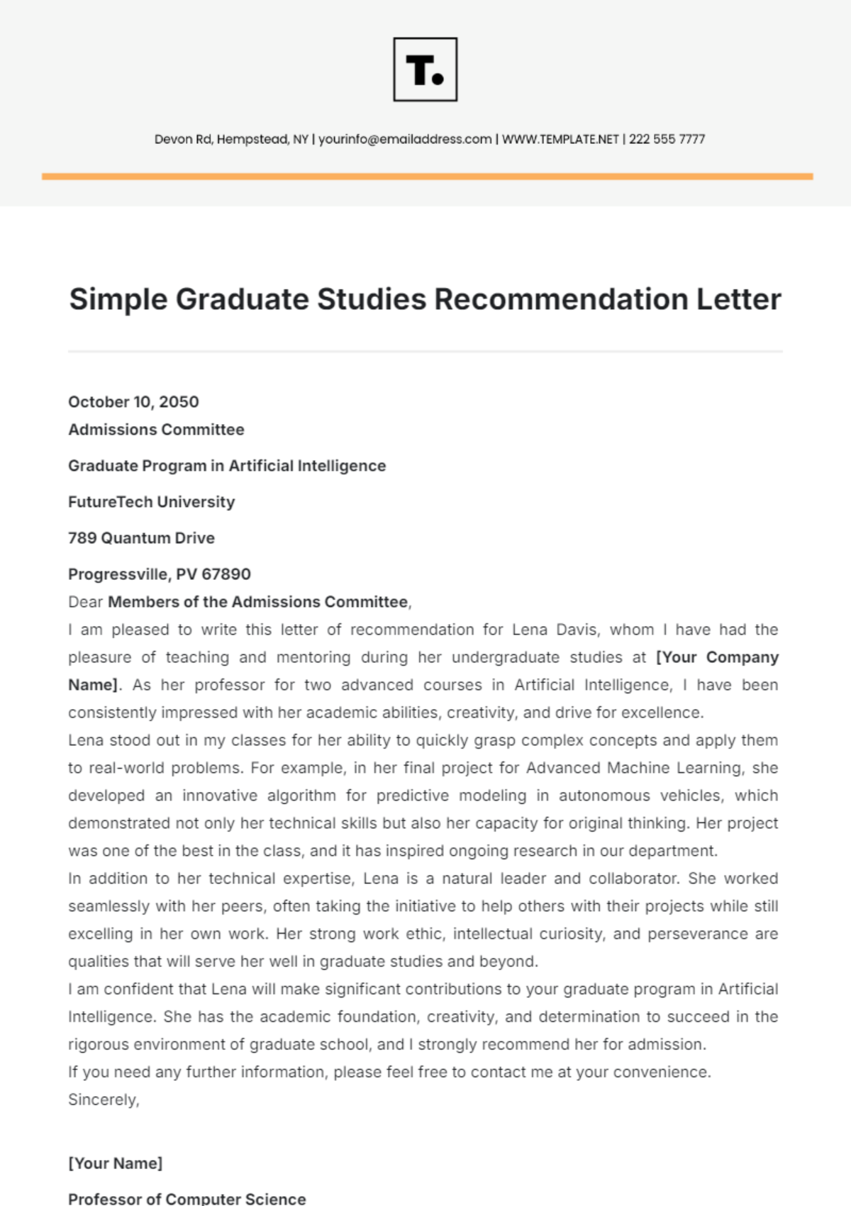 Simple Graduate Studies Recommendation Letter Template - Edit Online & Download