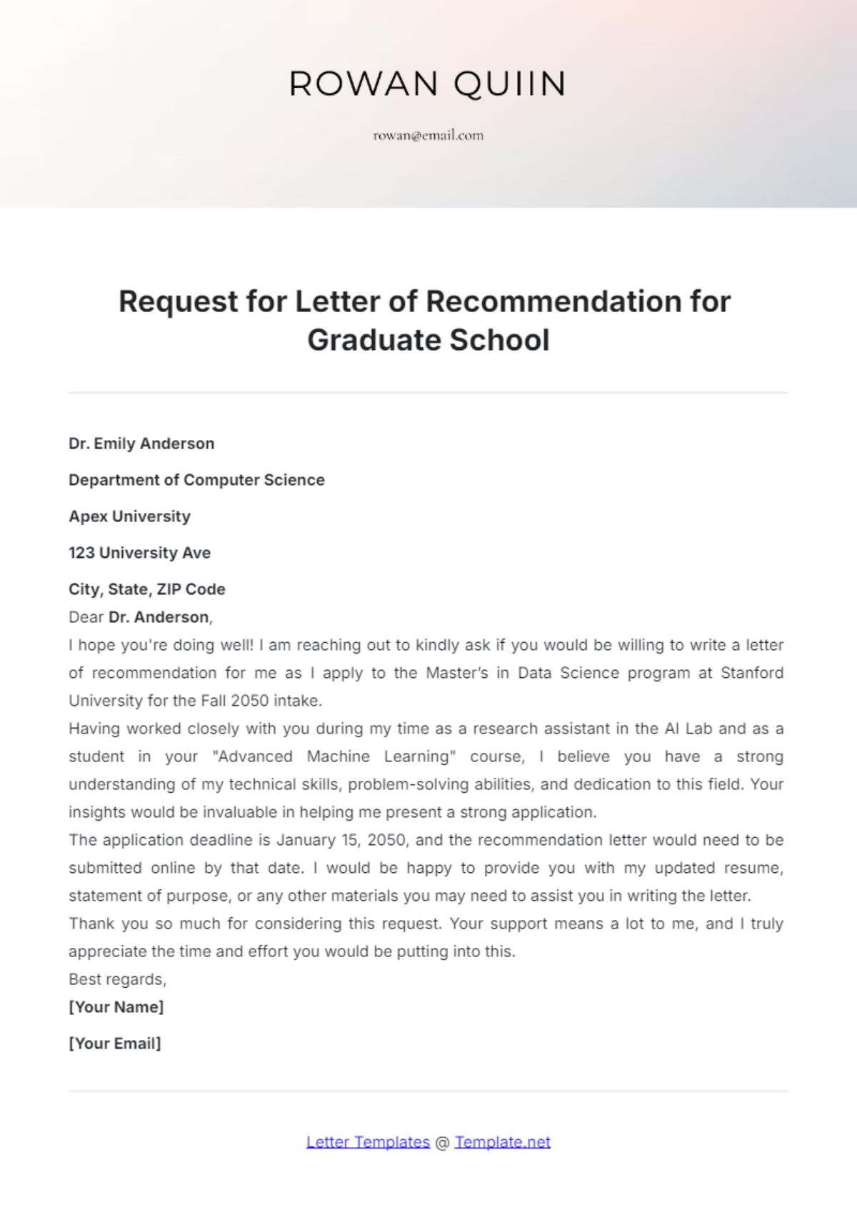 Request for Letter of Recommendation for Graduate School Template - Edit Online & Download