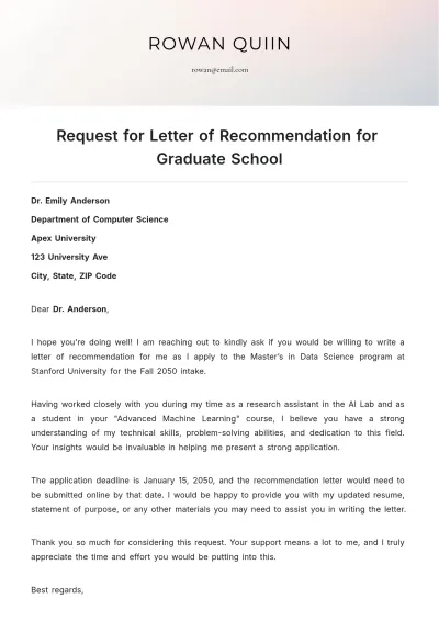 Free Request for Letter of Recommendation for Graduate School Template to Edit Online