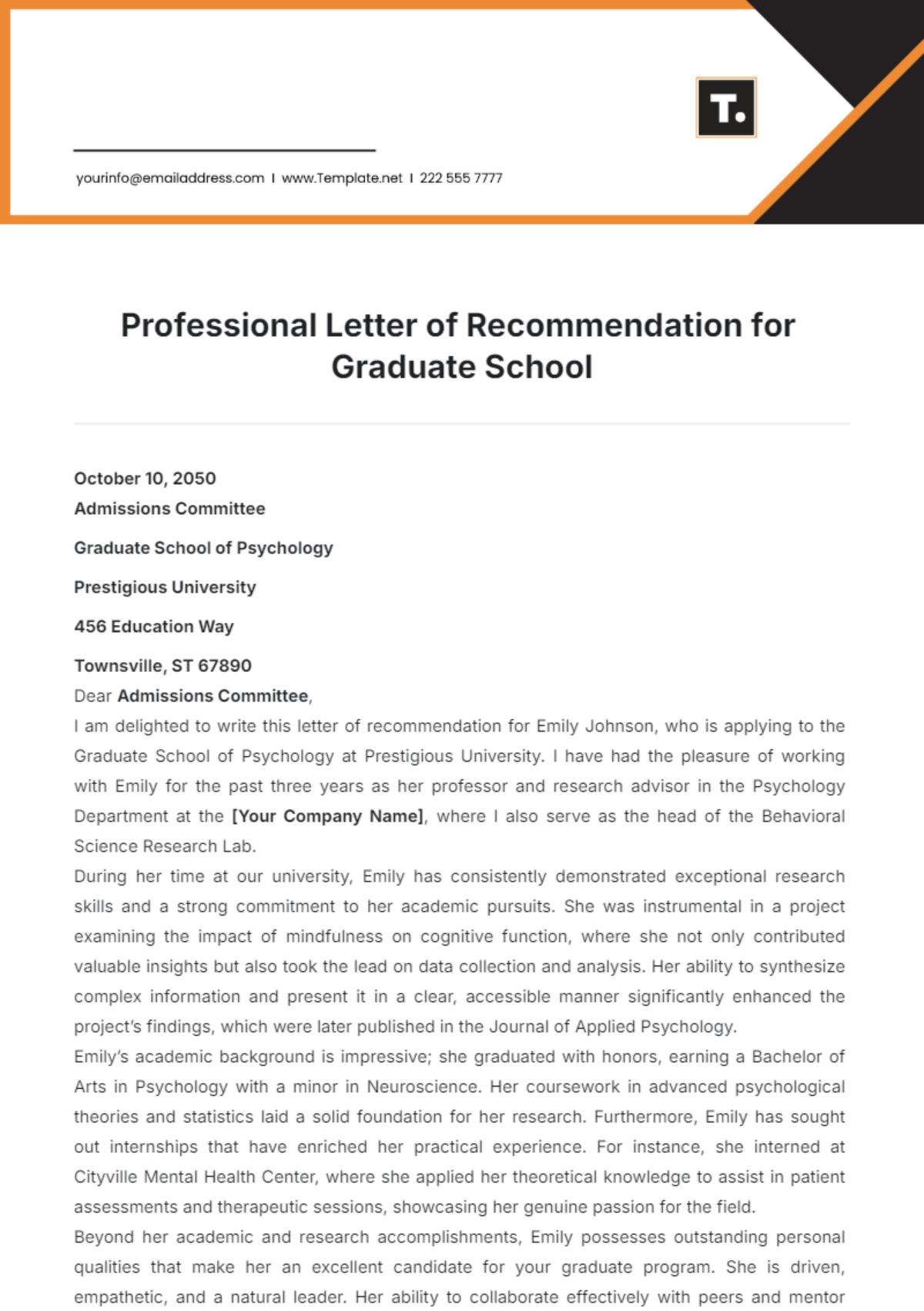 Professional Letter of Recommendation for Graduate School Template - Edit Online & Download