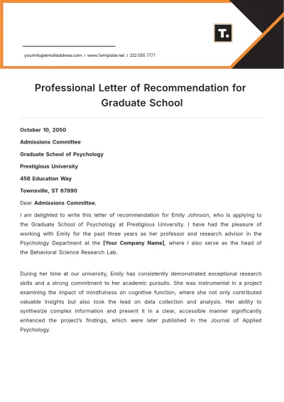 Free Professional Letter of Recommendation for Graduate School Template to Edit Online