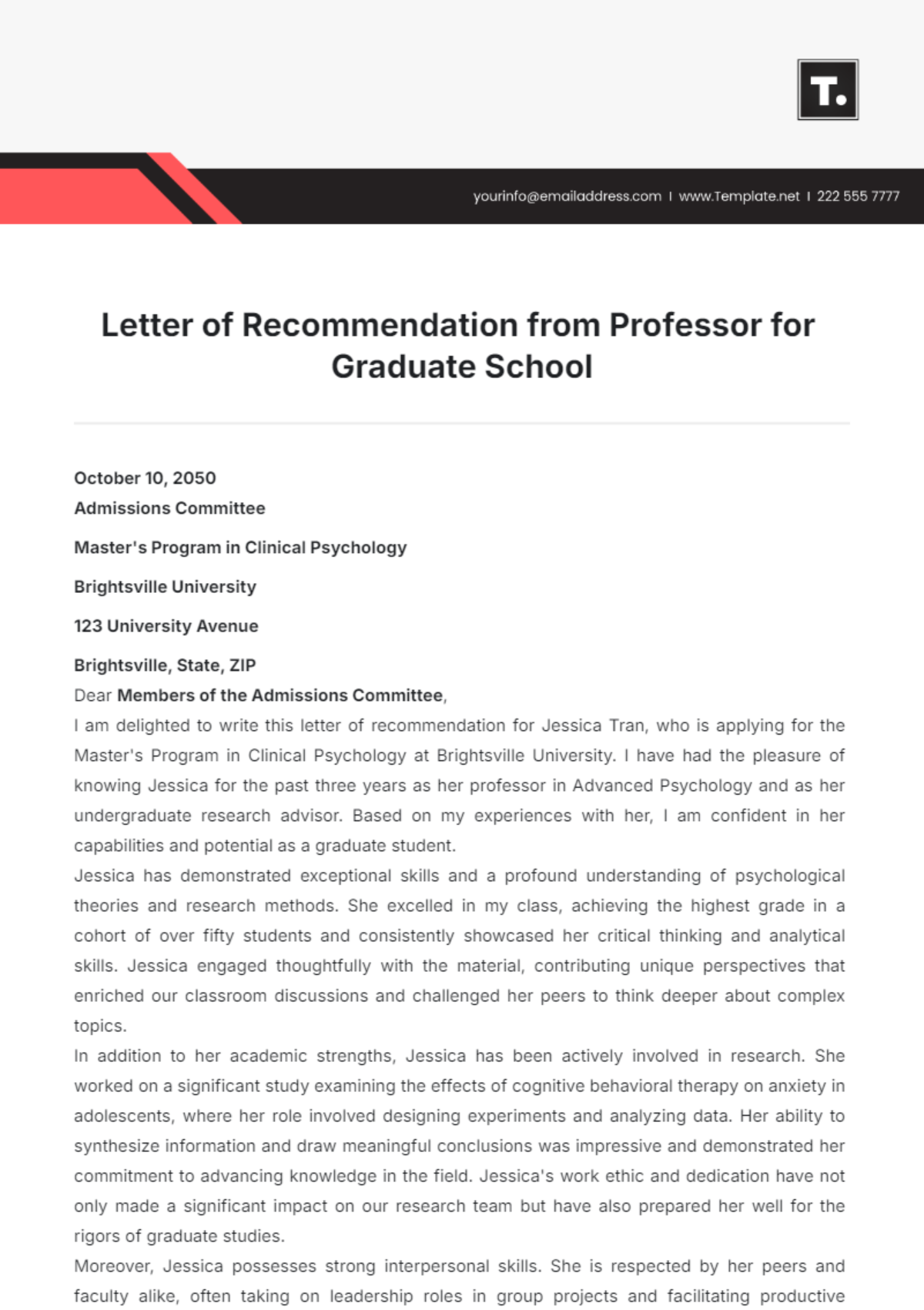 Letter of Recommendation from Professor for Graduate School Template - Edit Online & Download