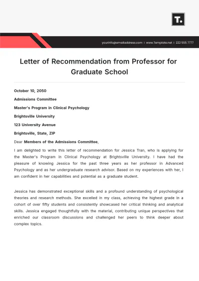 Free Letter of Recommendation from Professor for Graduate School Template to Edit Online