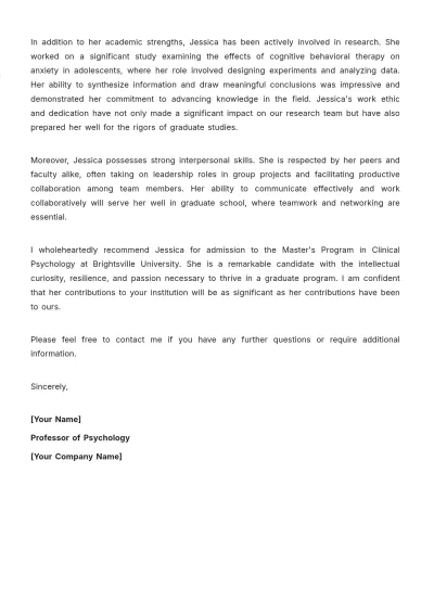 Free Letter of Recommendation from Professor for Graduate School Template to Edit Online