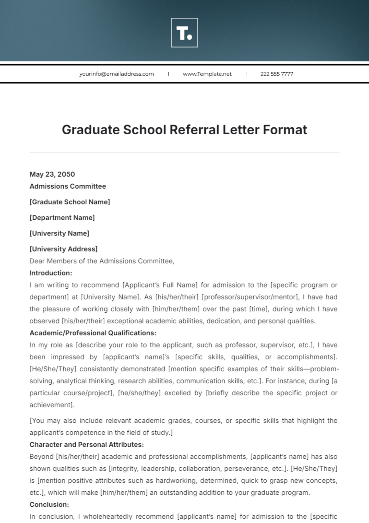 Graduate School Referral Letter Format Template