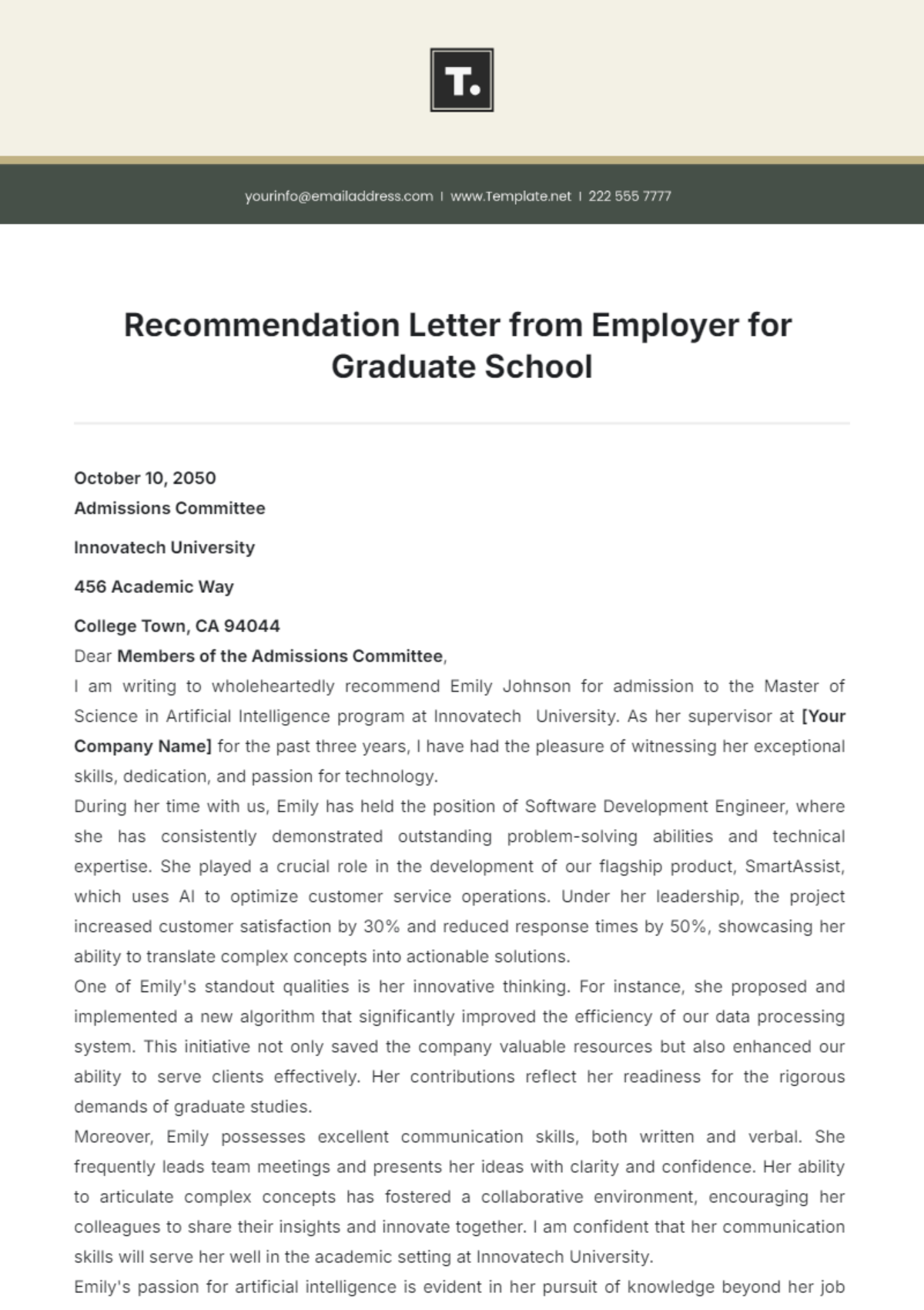 Recommendation Letter from Employer for Graduate School Template - Edit Online & Download