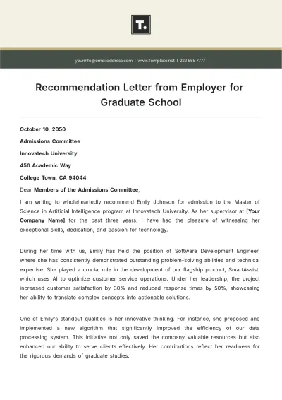 Free Recommendation Letter from Employer for Graduate School Template to Edit Online