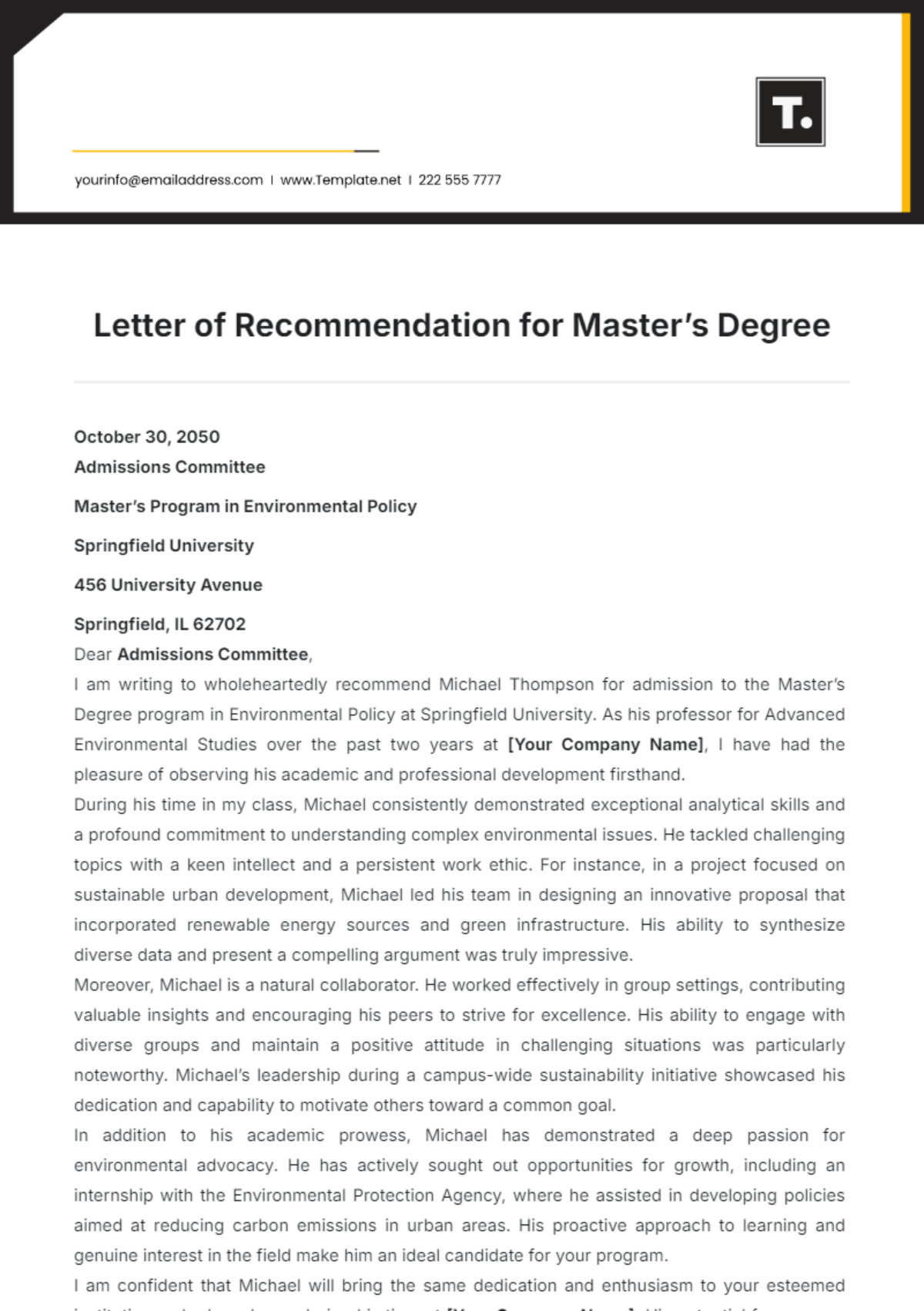 Letter of Recommendation for Master’s Degree Template - Edit Online & Download