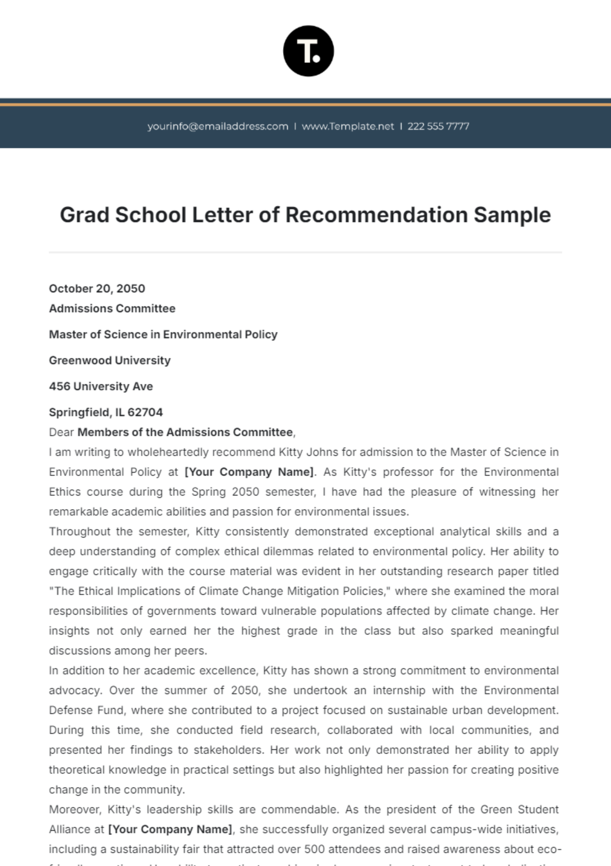 Grad School Letter of Recommendation Sample Template - Edit Online & Download